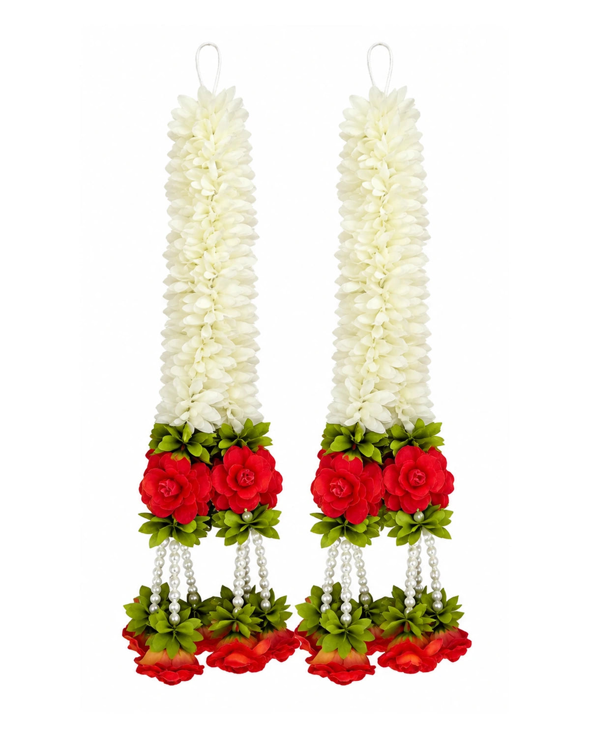 Pack of two artificial flower garlands with white flowers, red roses and pearl tassels measuring 45 cm.
